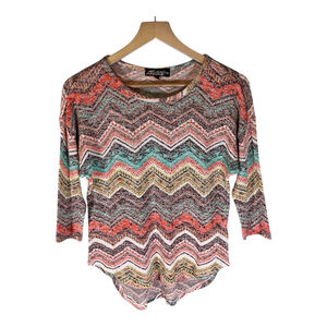 Knitted Chevron Pattern Top‎ Colorful Blouse 3/4 Sleeve Casual Sheer